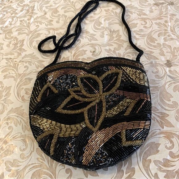 Vintage Beaded Crossbody Handbag Black Gold Peoples Republic of China Gorgeous - Picture 4 of 9